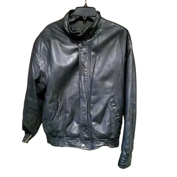 Expressions International Men’s L 42–44 Black Leather Bomber Jacket Vintage